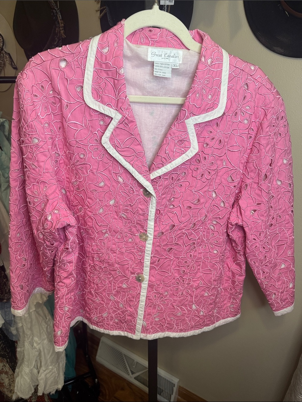 Vintage Pink Eyelet Quilted Jacket with White Trim